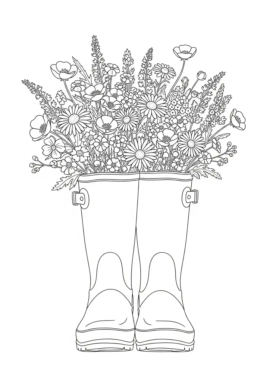 Kleurplaat Regenlaarzen 10 regenlaarzen als bloemenvaas kleurplaat
