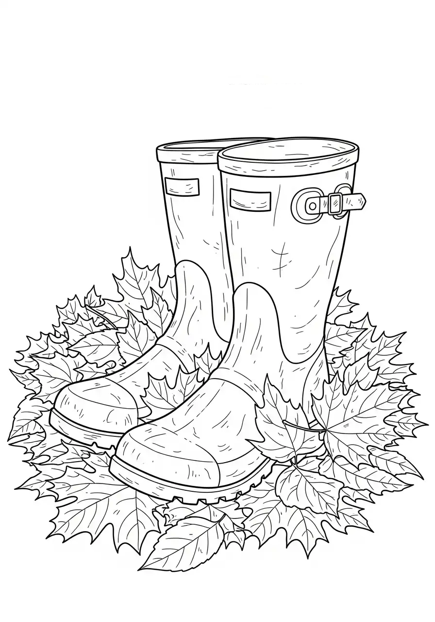 Kleurplaat Regenlaarzen 9 regenlaarzen tussen herfstbladeren kleurplaat