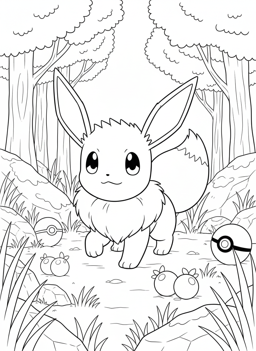 schattige eevee tussen bomen en bessen kleurplaat