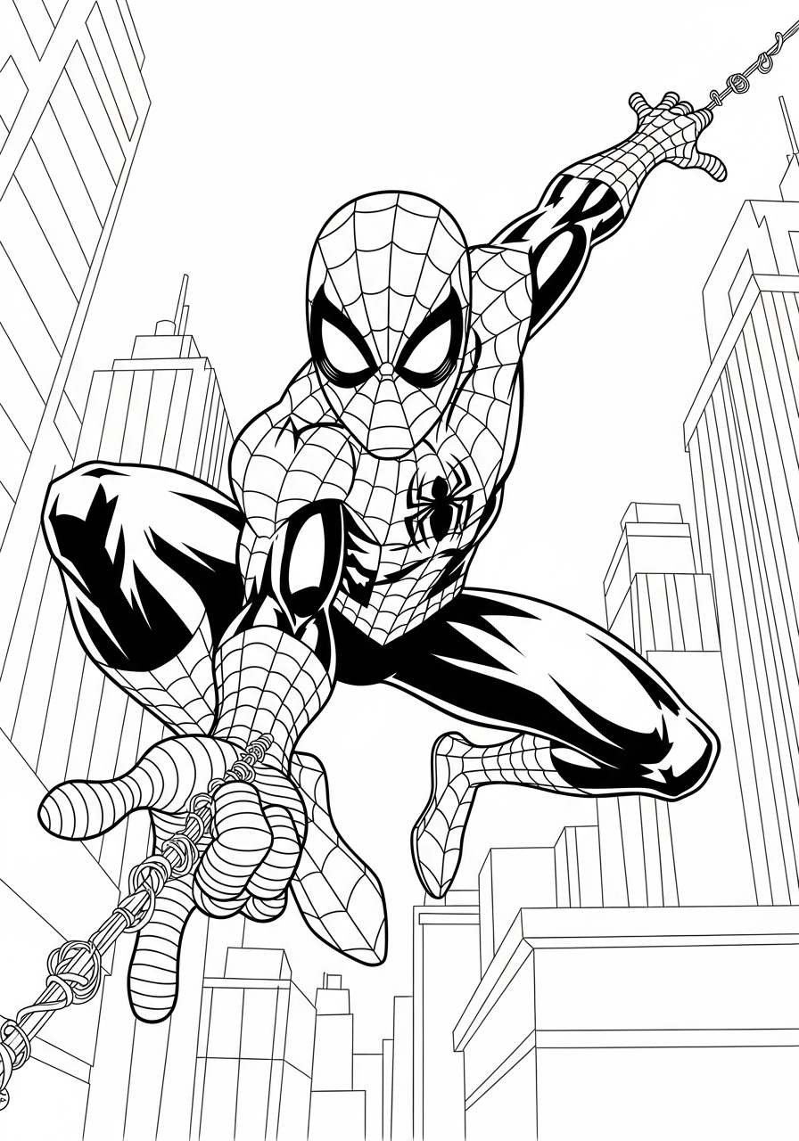 Spiderman kleurplaat 9 spiderman tussen de wolkenkrabbers kleurplaat
