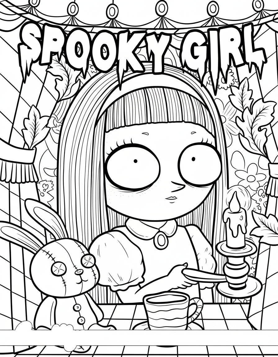 spooky girl in de salon kleurplaat