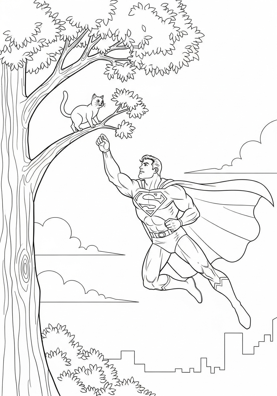 Superman kleurplaat 21 superman redt kat uit boom kleurplaat