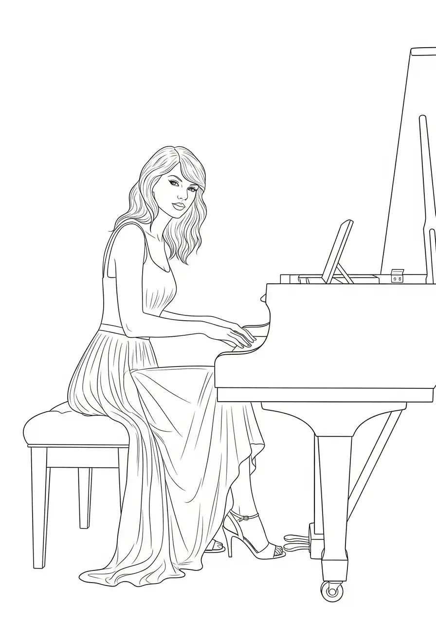 Taylor Swift Kleurplaat 9 taylor swift speelt vleugel elegante jurk kleurplaat