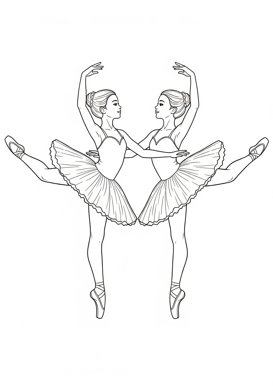 Ballerina Kleurplaat 8 twee ballerinas in symmetrische danspose kleurplaat