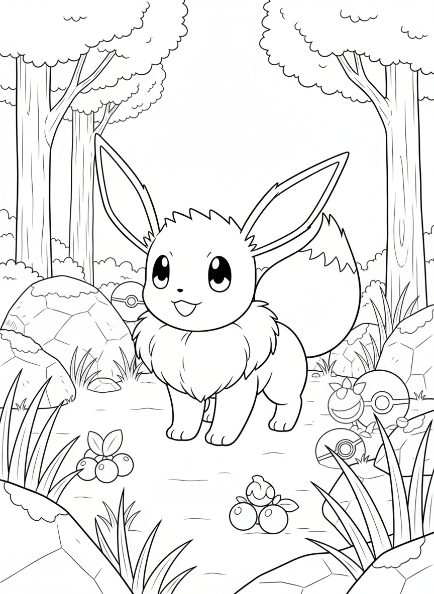 vrolijke eevee wandelend tussen bessen kleurplaat