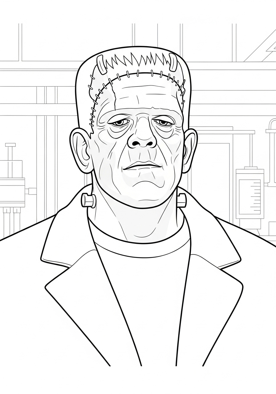 Kleurplaat Frankenstein 13 Gedetailleerd portret van Frankenstein kleurplaat