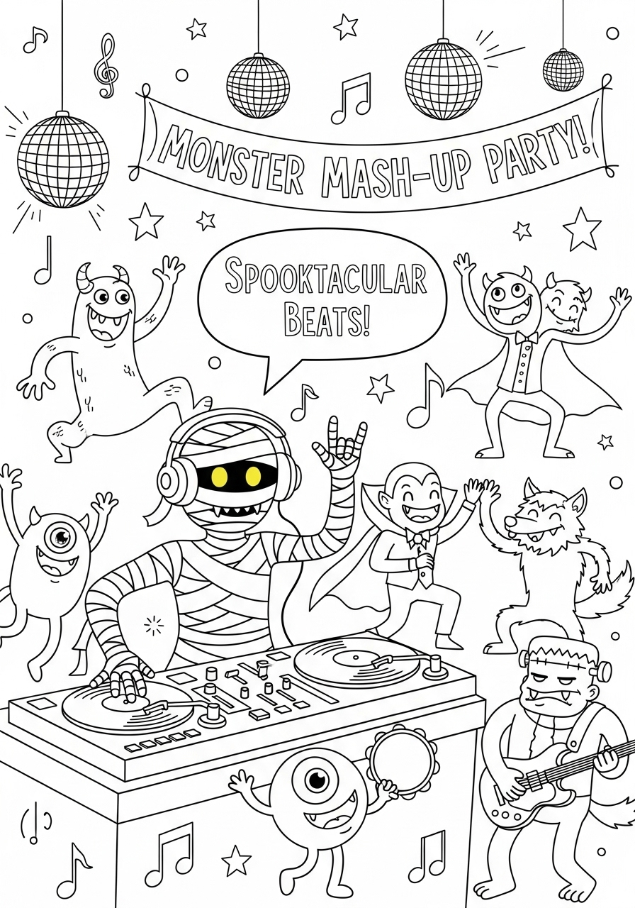 Kleurplaat Mummies 25 Mummie als DJ op een monsterfeest kleurplaat