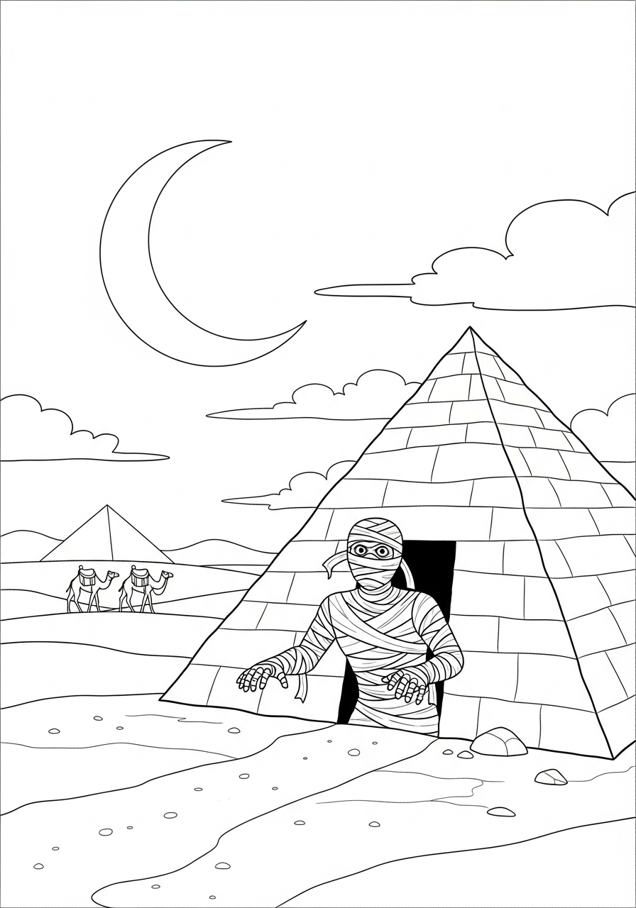 Kleurplaat Mummies 20 Mummie komt s nachts uit piramide kleurplaat
