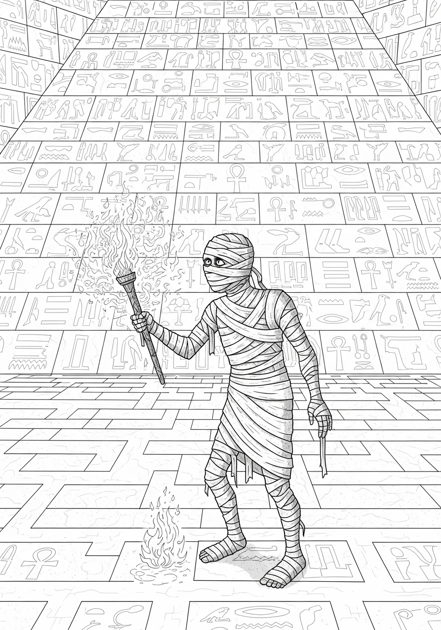 Kleurplaat Mummies 17 Mummie met fakkel verkent piramide kleurplaat