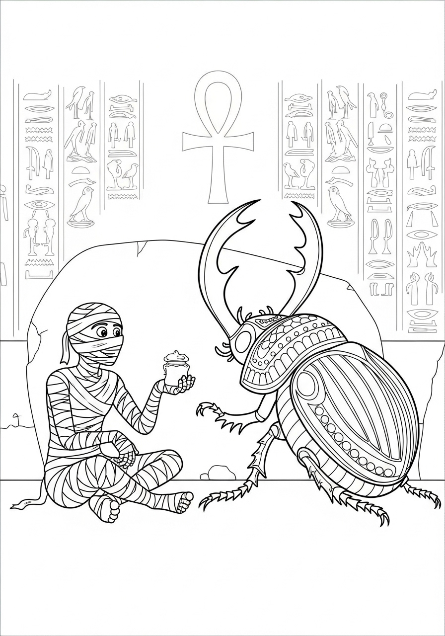 Kleurplaat Mummies 15 Mummie met grote scarabee kever in tombe kleurplaat