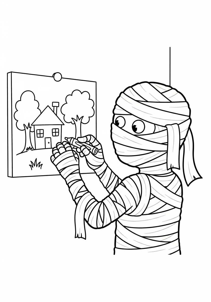 Kleurplaat Mummies 14 Mummie tekent een huis kleurplaat