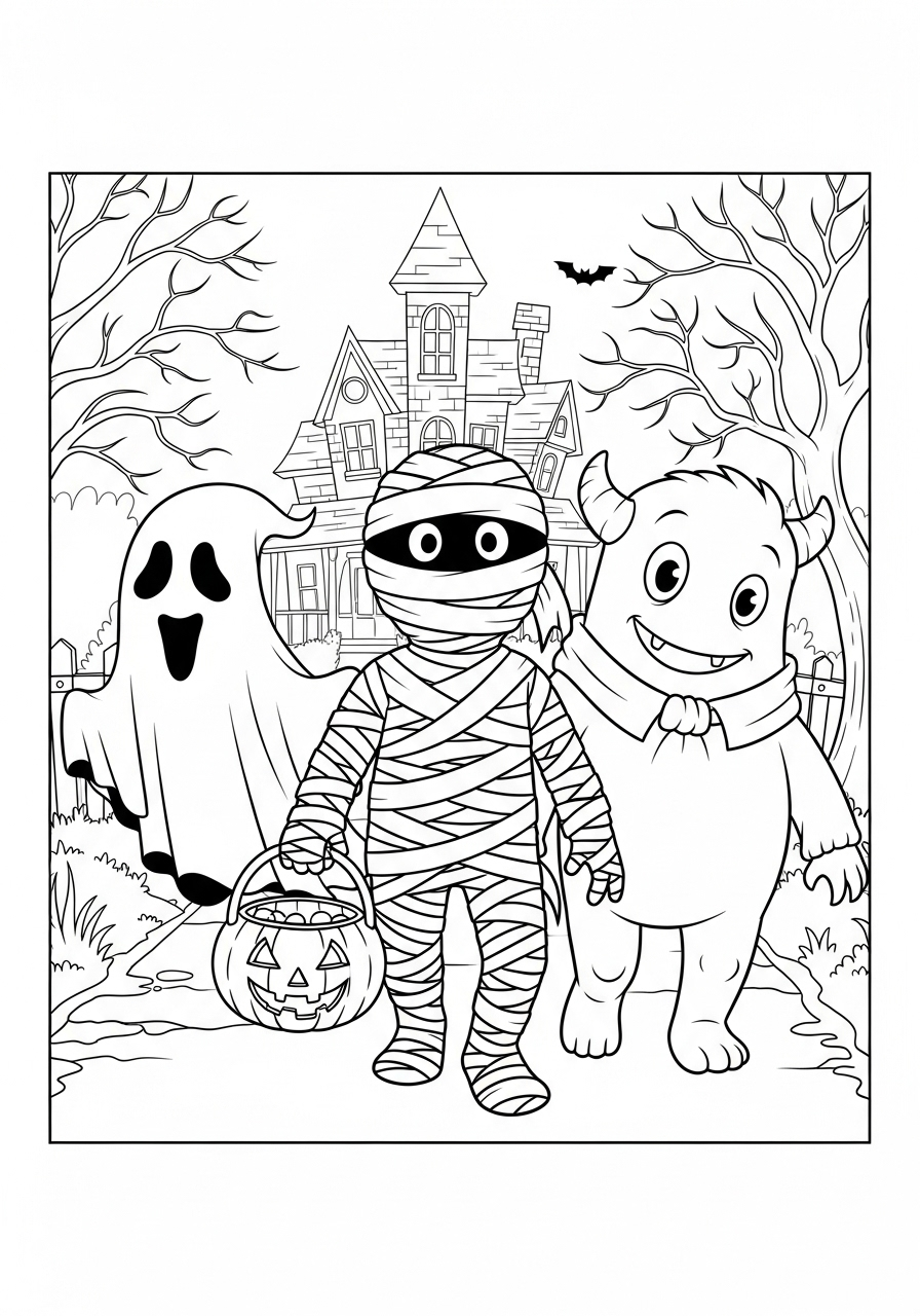 Kleurplaat Mummies 13 Mummie trick or treat met spook en monster kleurplaat