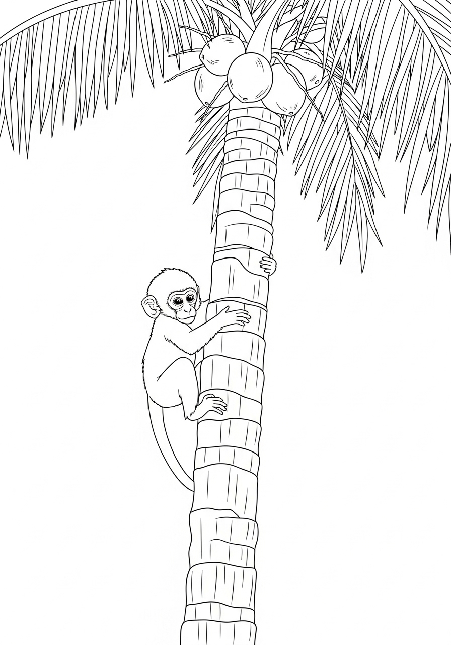 Kleurplaat Palmboom 8 aap klimt in de palmboom met kokosnoten kleurplaat