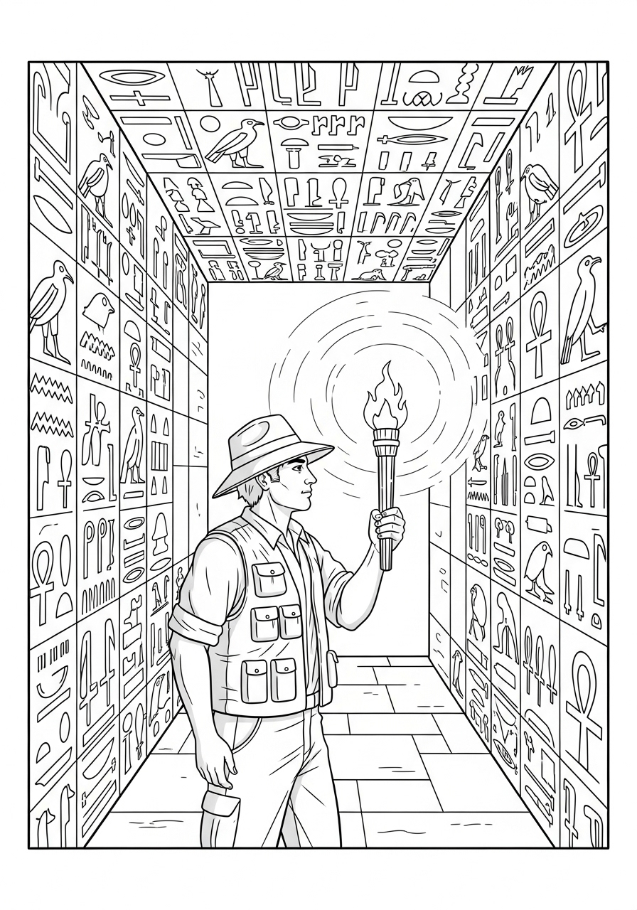Avonturier Kleurplaat 29 avonturier in egyptische gang met fakkel avonturier kleurplaat