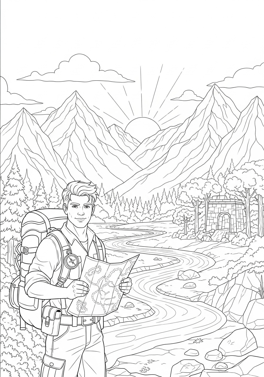 Avonturier Kleurplaat 28 avonturier met kaart bij zonsondergang avonturier kleurplaat