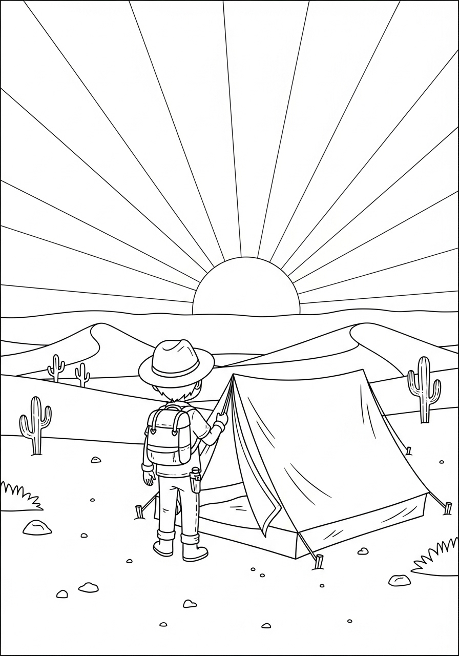 Avonturier Kleurplaat 27 avonturier met tent in de woestijn bij zonsopgang avonturier kleurplaat