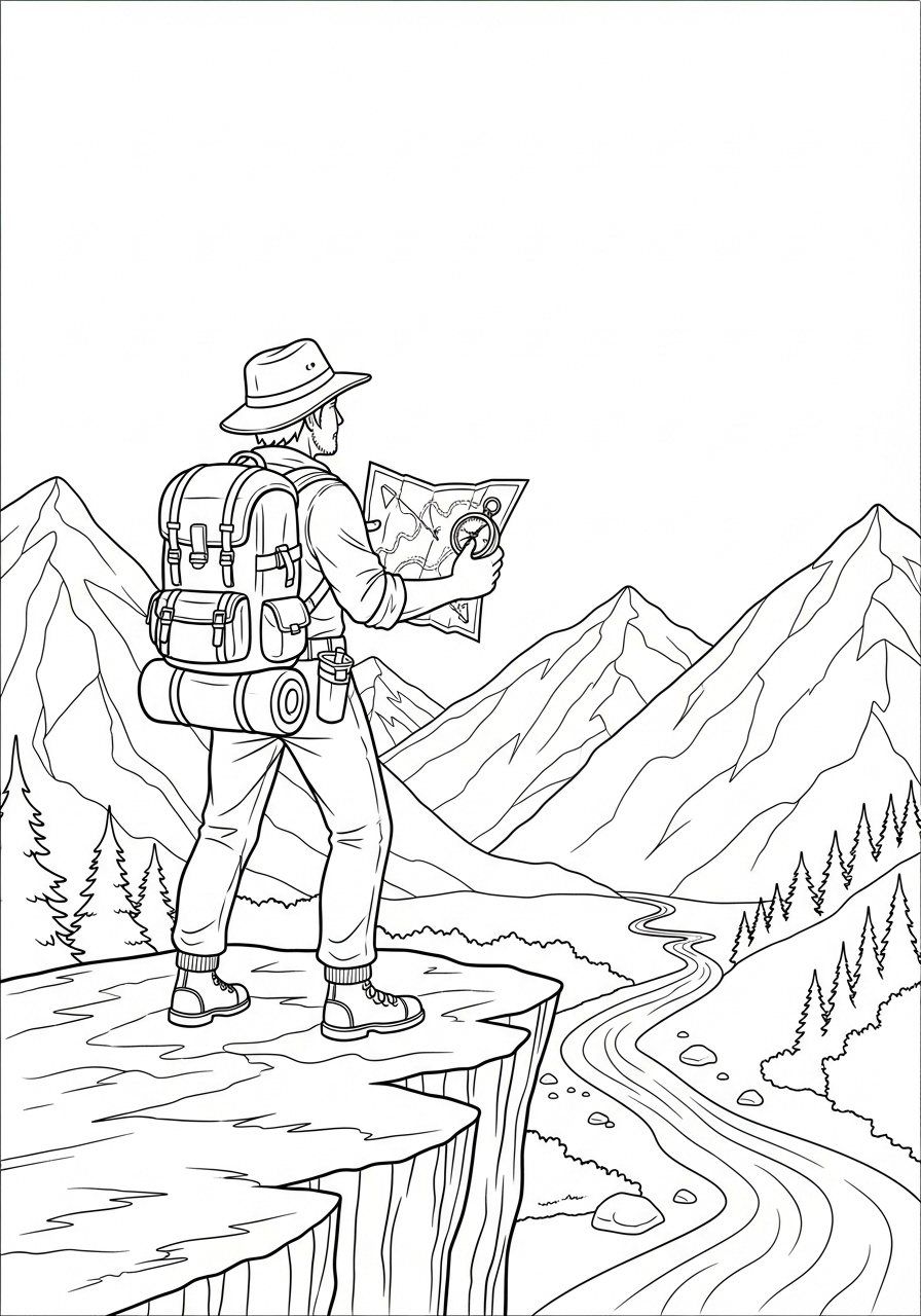Avonturier Kleurplaat 26 avonturier op klif met kompas en kaart avonturier kleurplaat