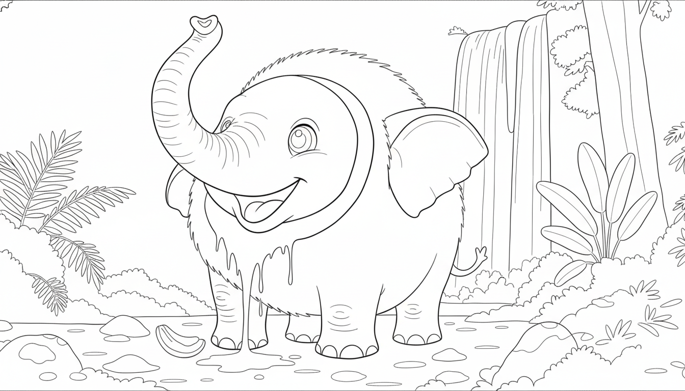 avontuurlijke cocofanto elefanto bij waterval kleurplaat