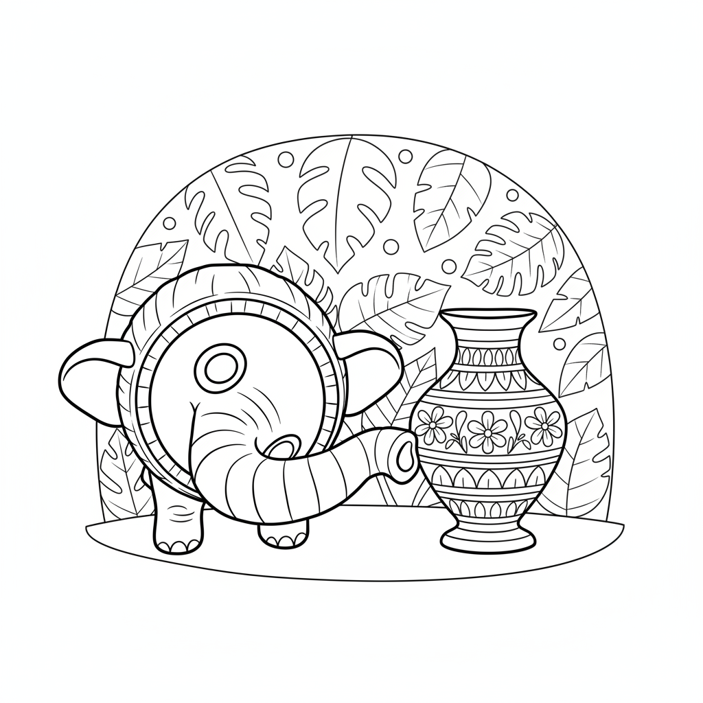 cocofanto elefanto met vaas en bladeren kleurplaat
