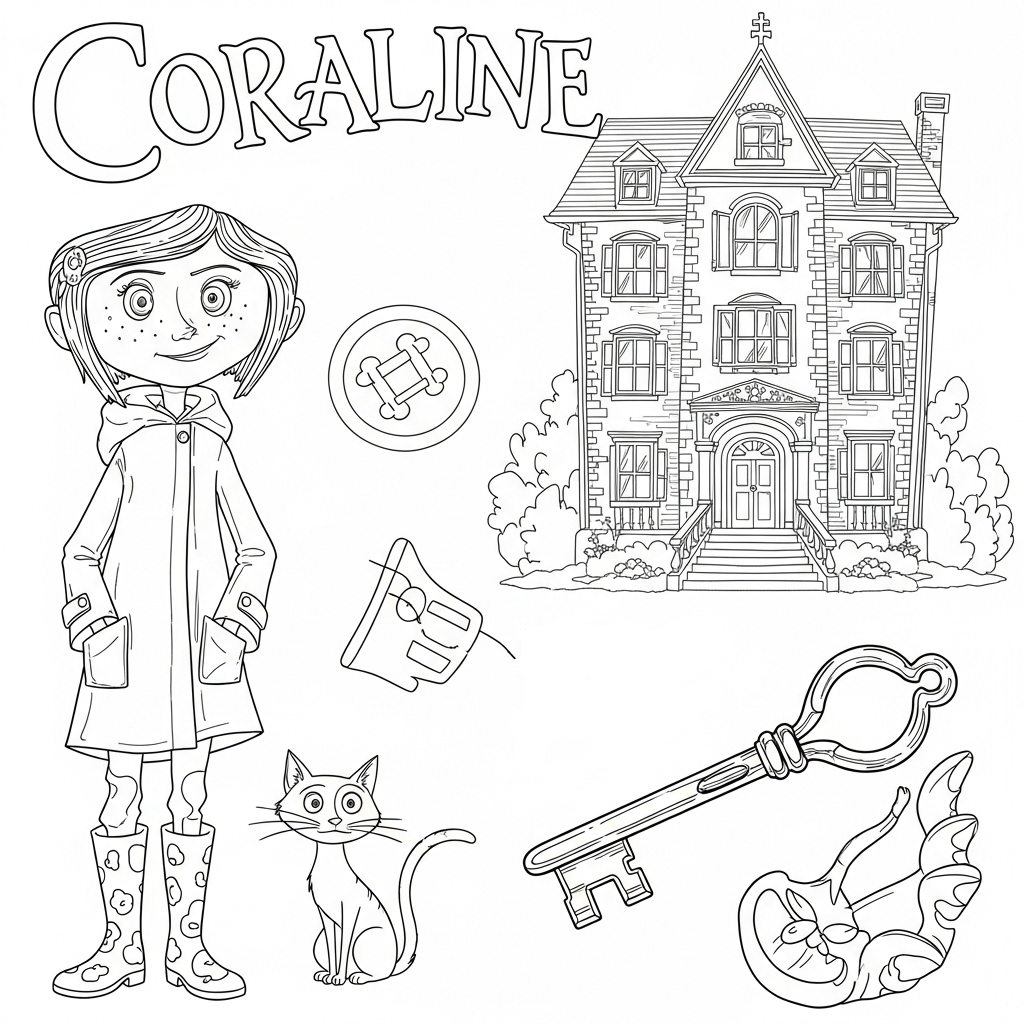 Coraline Kleurplaat 12 coraline en haar kat met sleutelhuis kleurplaat