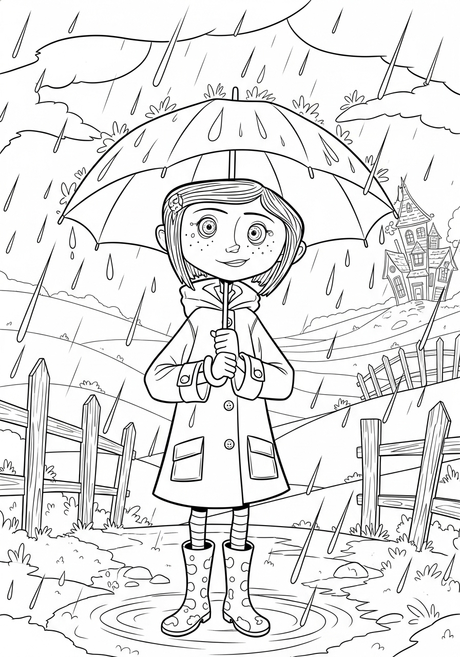 Coraline Kleurplaat 18 coraline met paraplu in de regen kleurplaat