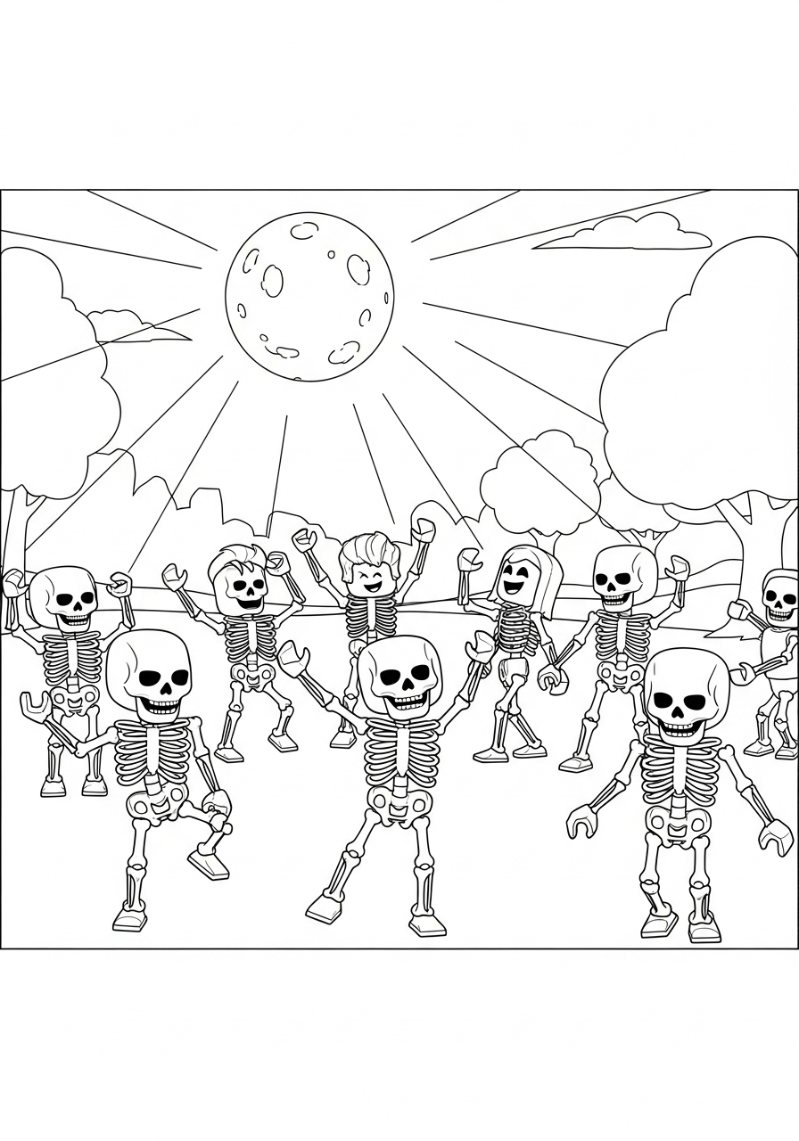 Roblox Halloween kleurplaat 25 dansende skeletten onder de maan kleurplaat