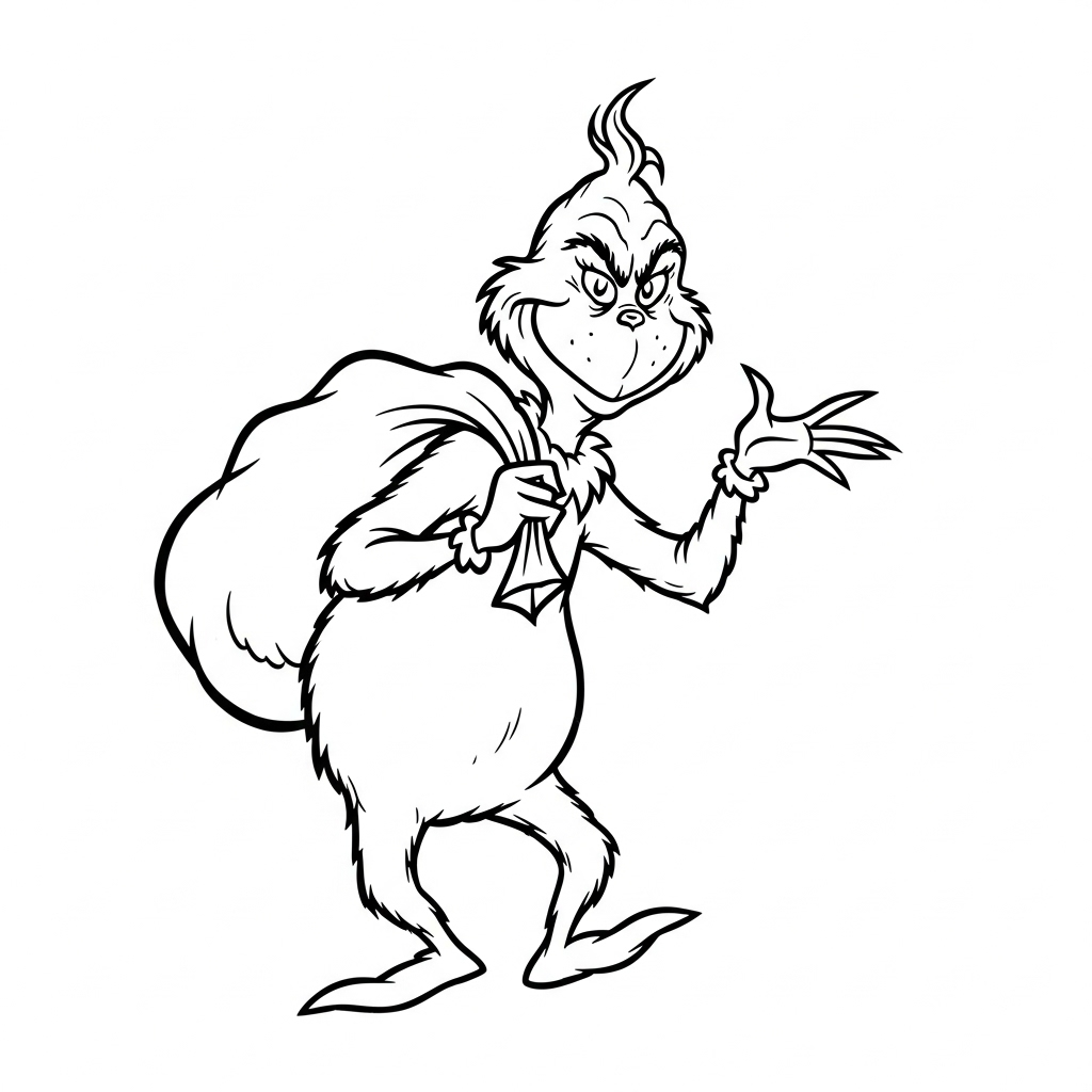 Kleurplaat Grinch 9 de grinch met een zak cadeautjes kleurplaat