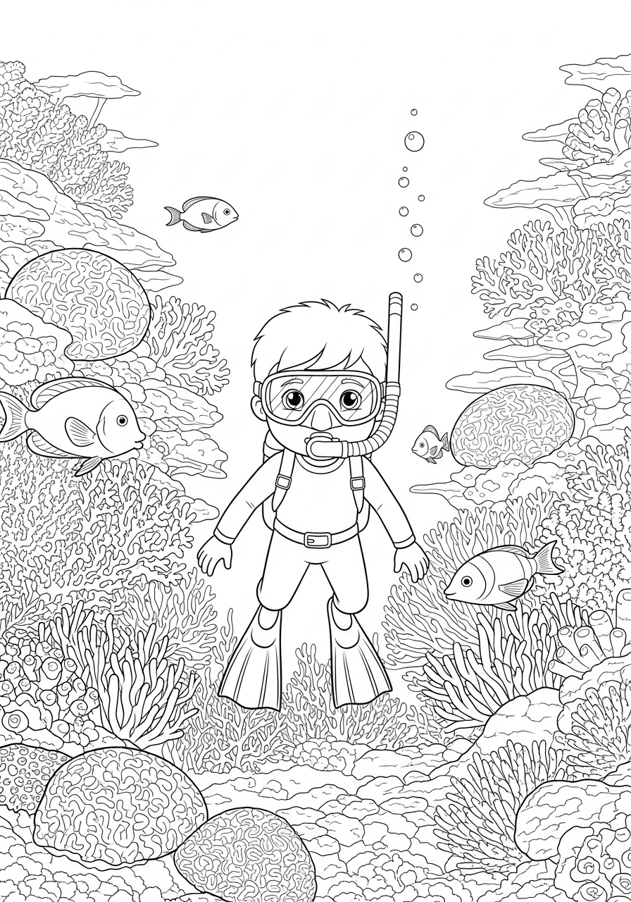 Avonturier Kleurplaat 25 duiker verkent koraalrif met vissen avonturier kleurplaat