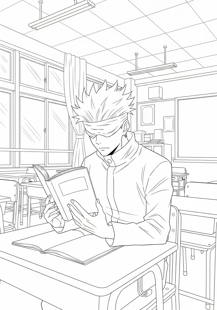 Gojo Satoru Kleurplaat 21 gojo satoru leest boek in klas kleurplaat