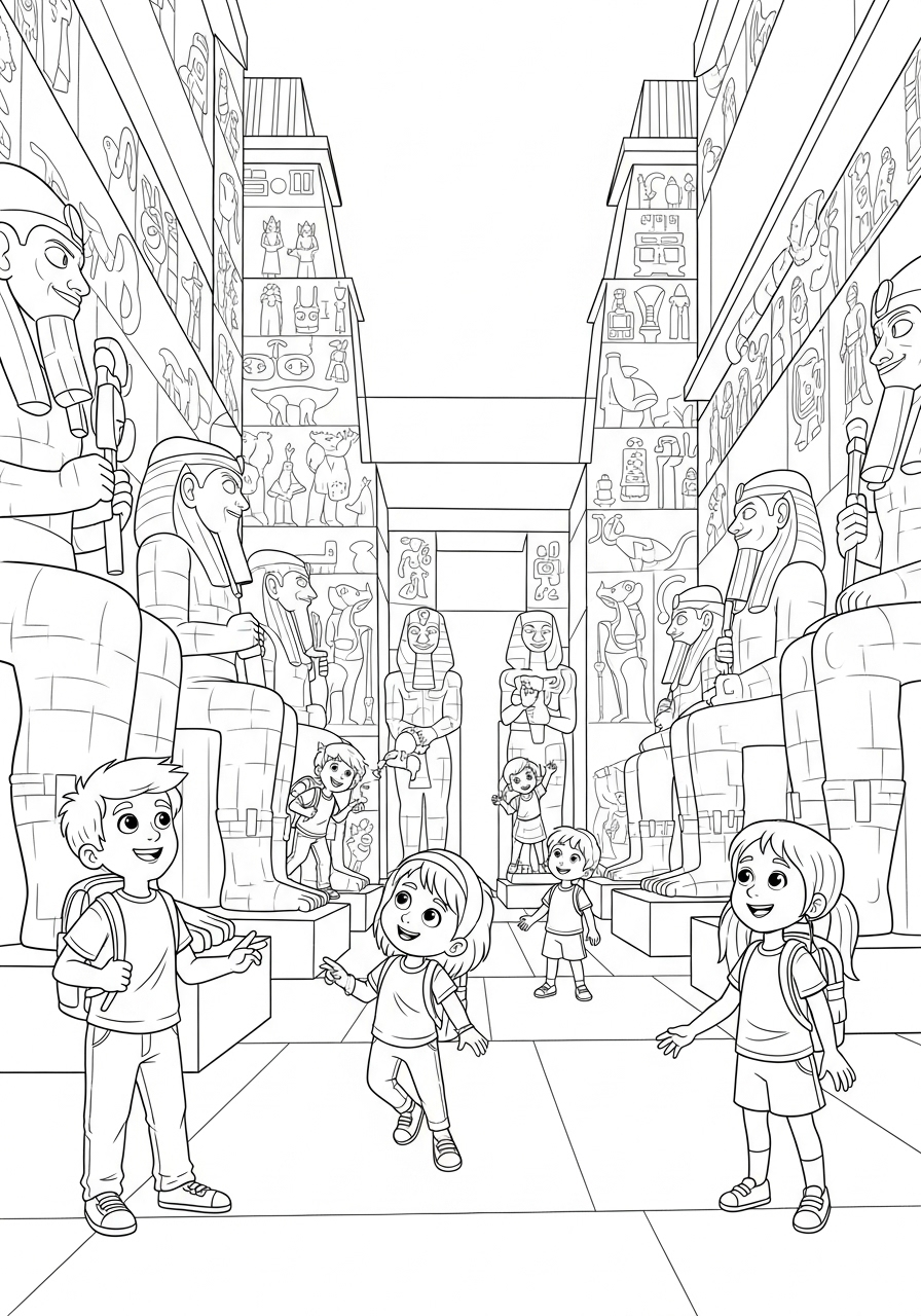 Avonturier Kleurplaat 24 groep kinderen in egyptische tempel avonturier kleurplaat
