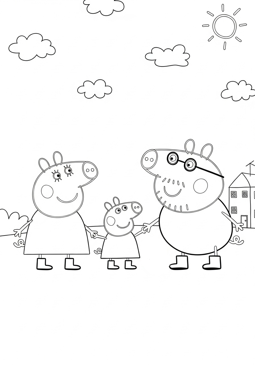 Peppa Pig kleurplaat 10 hand in hand met peppa familie kleurplaat
