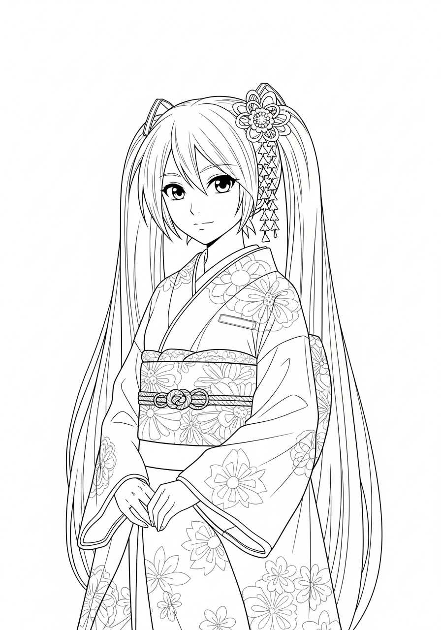 Hatsune Miku Kleurplaat 21 hatsune miku in kimono kleurplaat