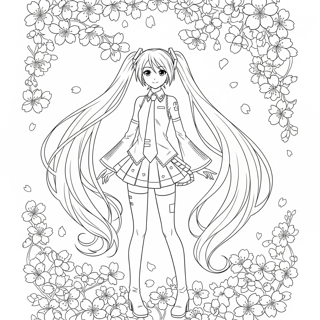 Hatsune Miku Kleurplaat 20 hatsune miku met bloesems kleurplaat