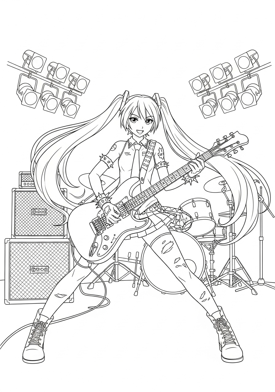 Hatsune Miku Kleurplaat 19 hatsune miku met gitaar kleurplaat