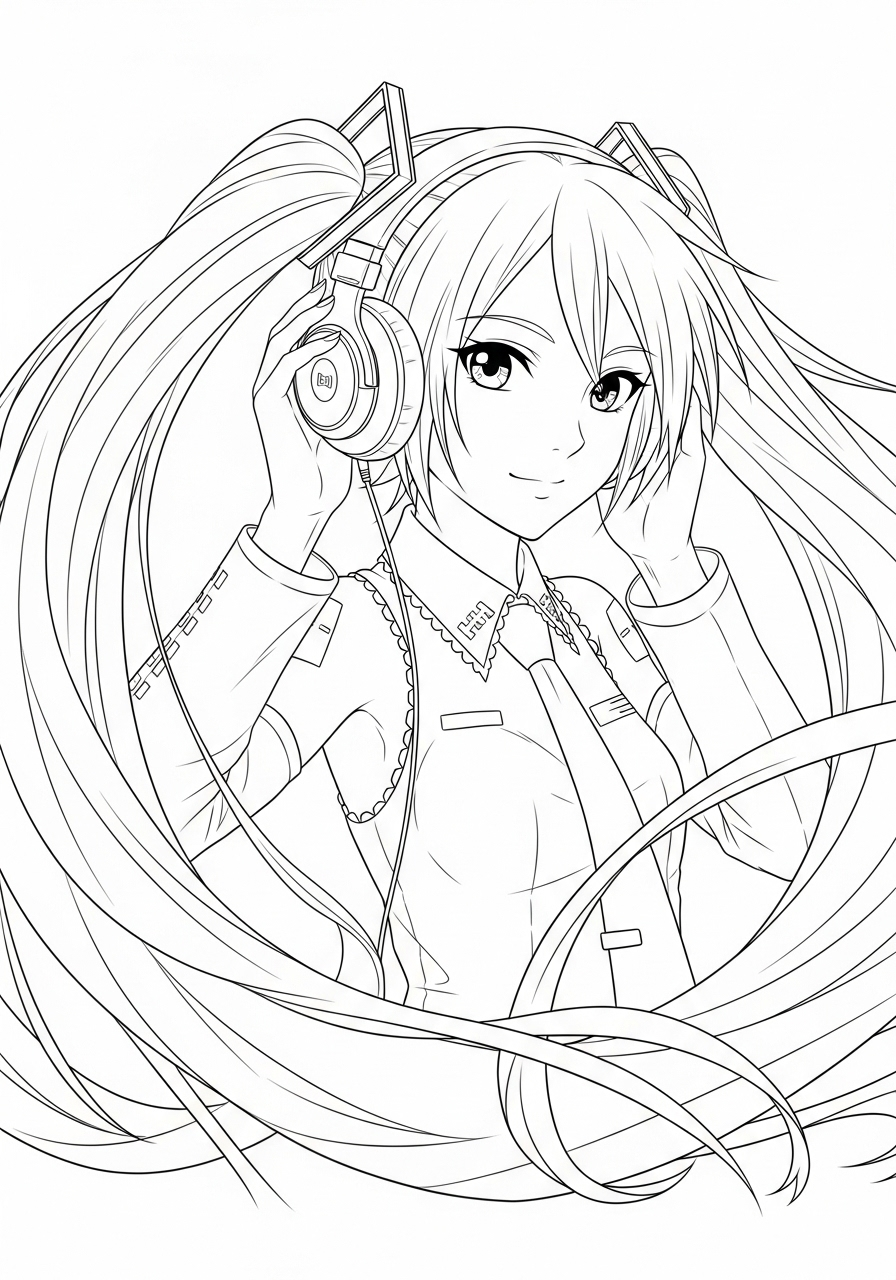 Hatsune Miku Kleurplaat 18 hatsune miku met koptelefoon kleurplaat