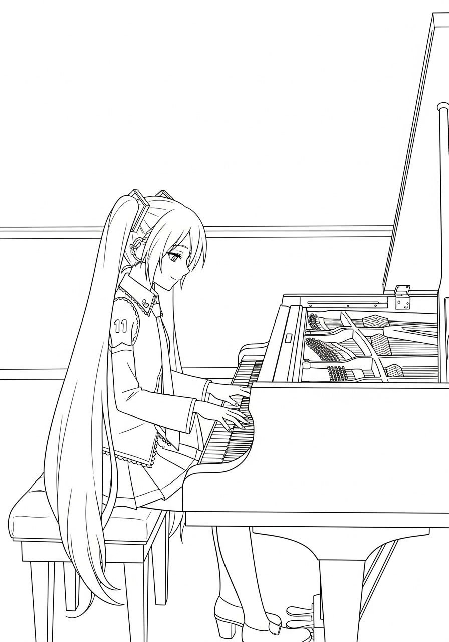 Hatsune Miku Kleurplaat 13 hatsune miku piano spelen kleurplaat