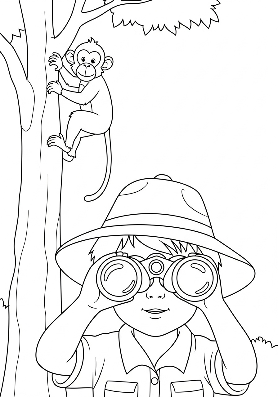 Avonturier Kleurplaat 23 jongen met verrekijker en aap avonturier kleurplaat