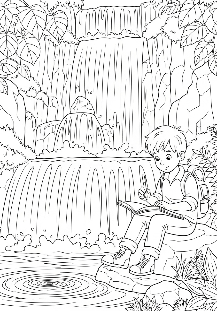 Avonturier Kleurplaat 22 jongen schrijft bij waterval in de natuur avonturier kleurplaat
