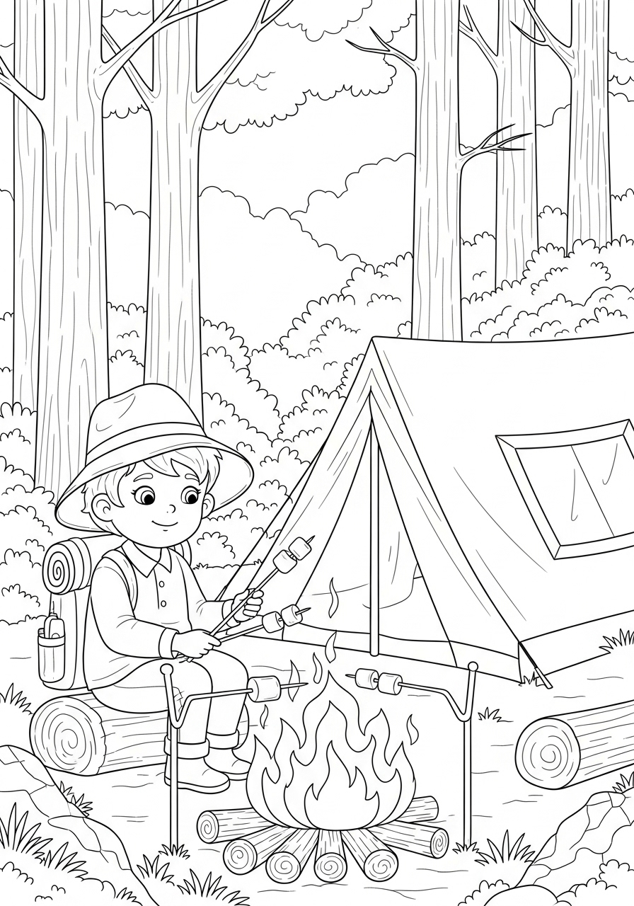 Avonturier Kleurplaat 20 kampeerder roostert marshmallows bij kampvuur avonturier kleurplaat