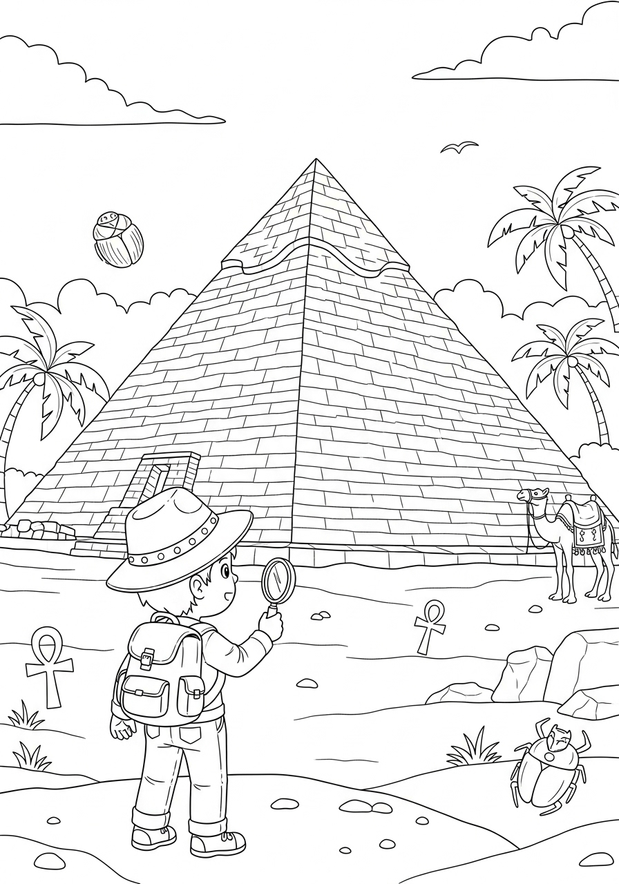 Avonturier Kleurplaat 19 kind bekijkt piramide met vergrootglas avonturier kleurplaat