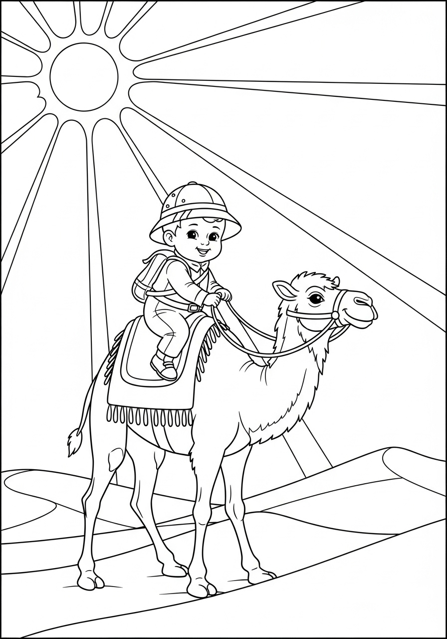 Avonturier Kleurplaat 17 kind rijdt op kameel in de woestijn avonturier kleurplaat
