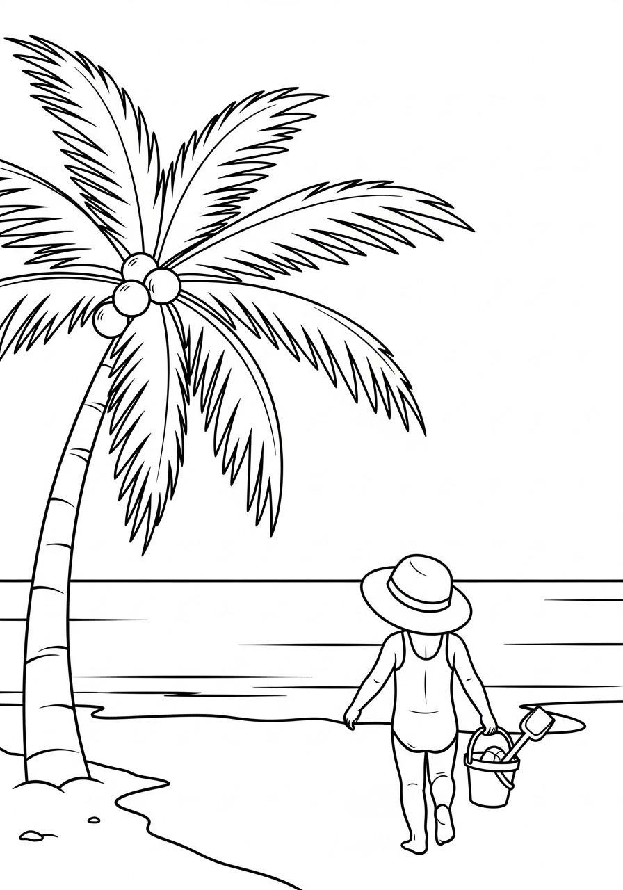 Kleurplaat Palmboom 10 kind speelt op het strand met palmboom kleurplaat