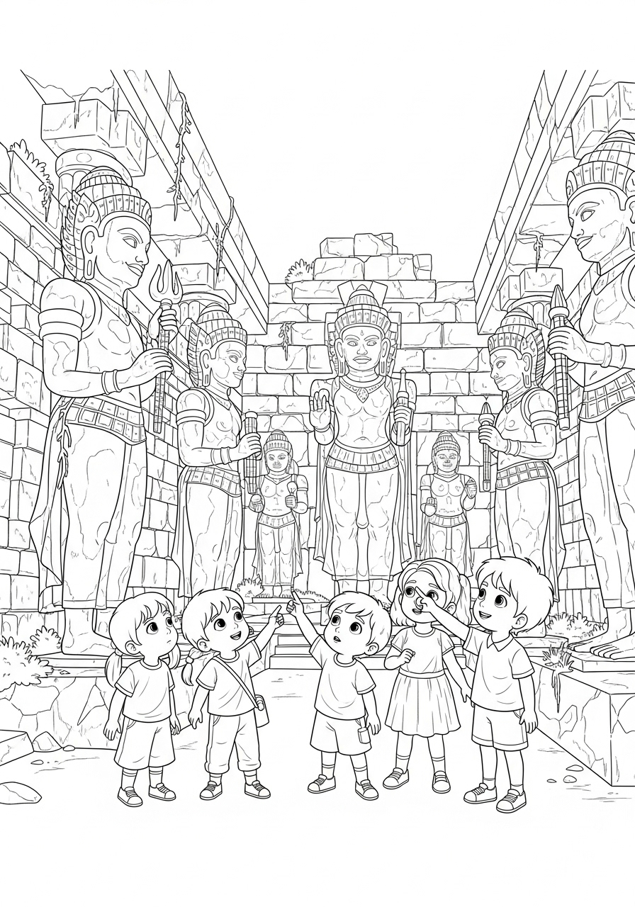 Avonturier Kleurplaat 18 kinderen verkennen tempel met oude standbeelden avonturier kleurplaat