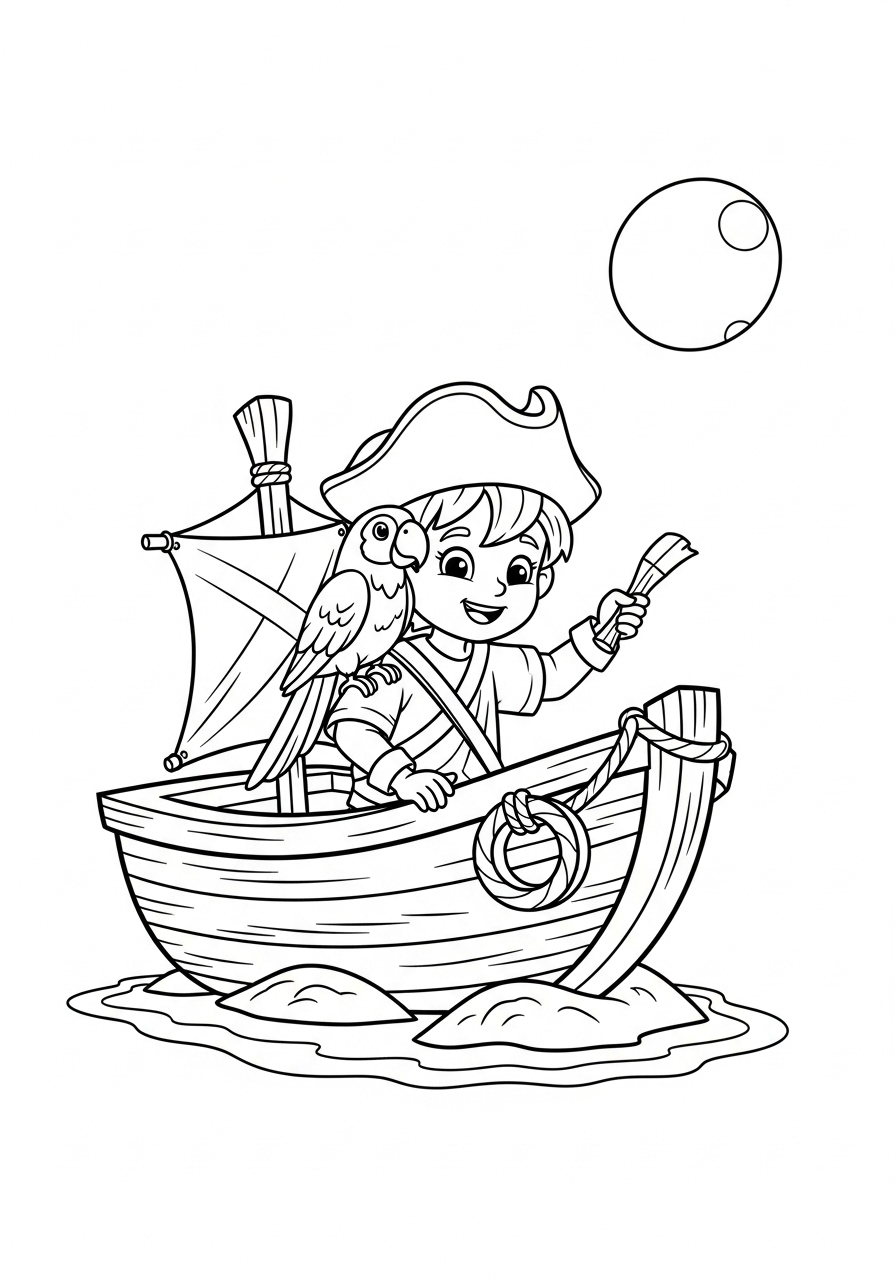 Avonturier Kleurplaat 16 kleine piraat met papegaai op boot avonturier kleurplaat