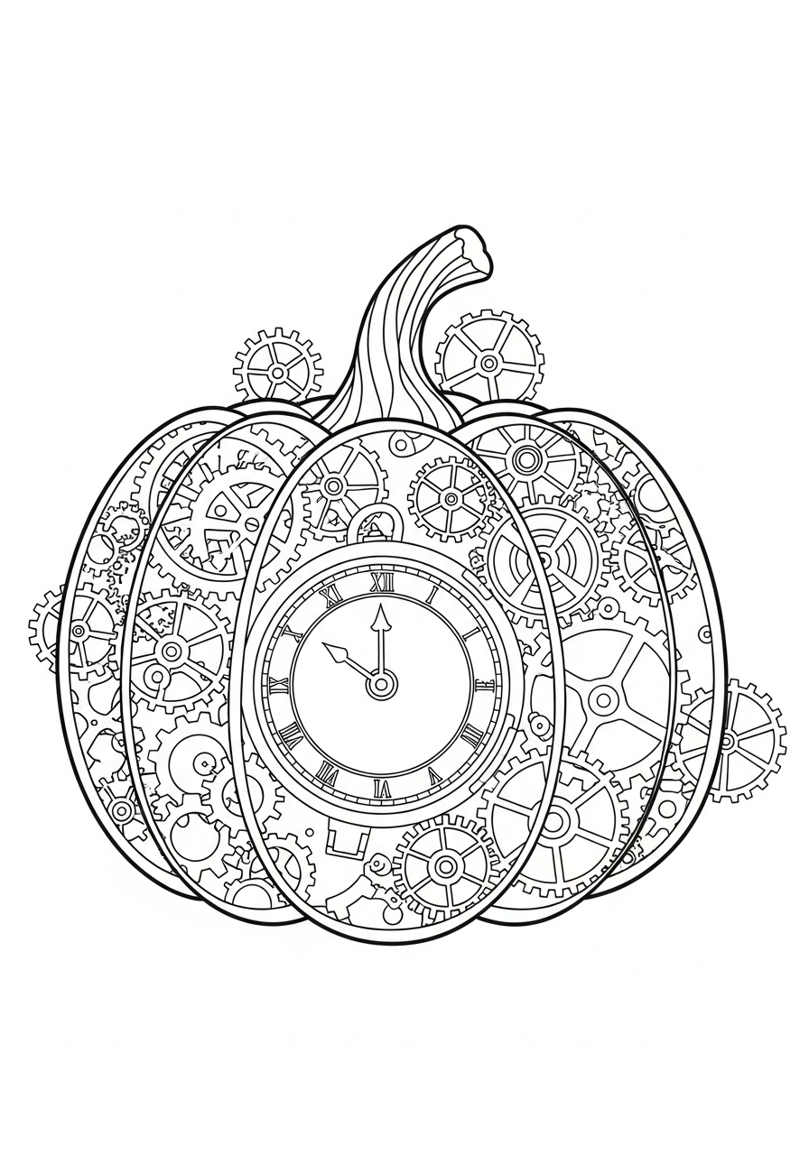 Kleurplaat Pompoen snijpatronen 13 klok en tandwielen pompoen steampunk stijl kleurplaat