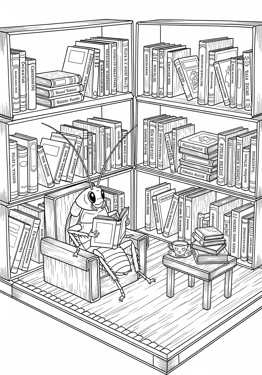 Kleurplaat Kakkerlak 18 lezende kakkerlak in bibliotheek kleurplaat