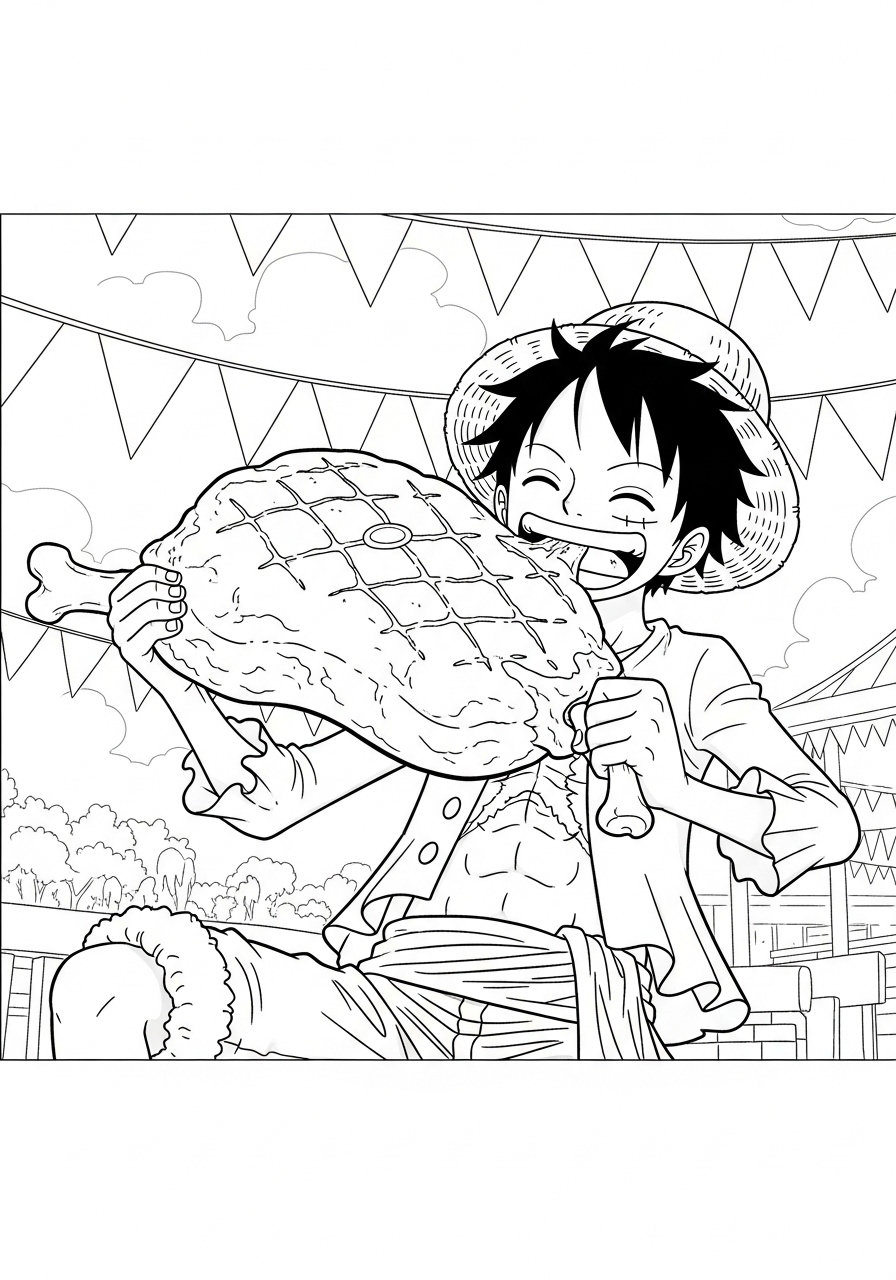 Kleurplaat Luffy 21 luffy eet groot stuk vlees kleurplaat