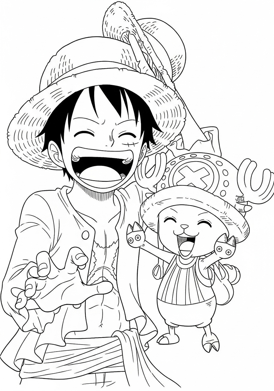 Kleurplaat Luffy 20 luffy en chopper lachen samen kleurplaat