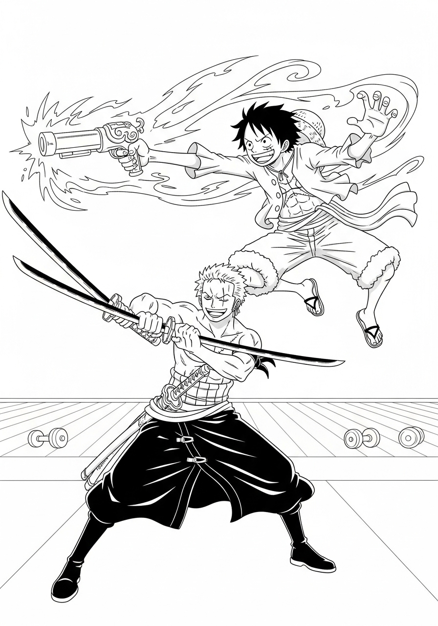 Kleurplaat Luffy 18 luffy en zoro vechten samen kleurplaat