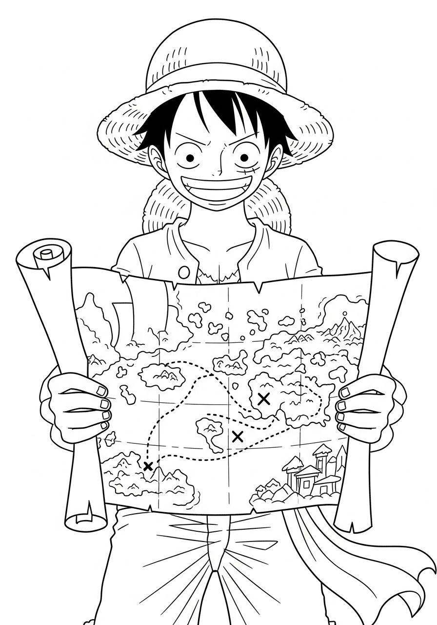 Kleurplaat Luffy 14 luffy houdt schatkaart vast kleurplaat